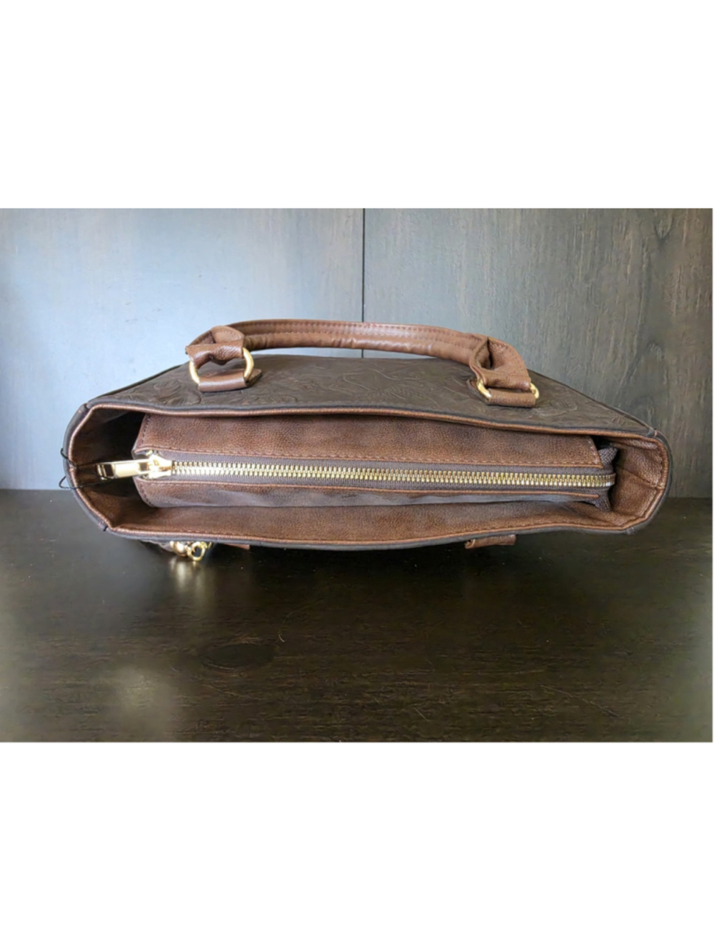 Dark Brown Tasseled Floral Embossed Tooled Artisan LEATHER Crossbody Purse Bag - Picture 9 of 16
